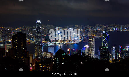 Hong Kong - August 7, 2018: Hong Kong modern cityscape view from the Victoria peak at night Stock Photo