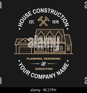 House construction company identity with suburban american house. Vector illustration. Thin line icon, badge, sign for real estate, building and construction company related business. Stock Vector