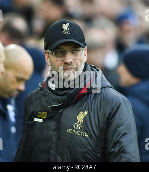 Liverpool manager Jurgen Klopp during the Premier League match between  Brighton & Hove Albion and Liverpool at the American Express Community Stadium . 12 January 2019 Editorial use only. No merchandising. For Football images FA and Premier League restrictions apply inc. no internet/mobile usage without FAPL license - for details contact Football Dataco Stock Photo