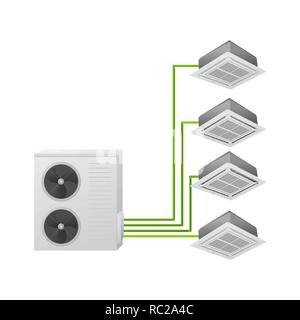 The air conditioning system. Vector illustration. Multi split. One outdoor and four indoor unit. Ceiling Cassette Stock Vector