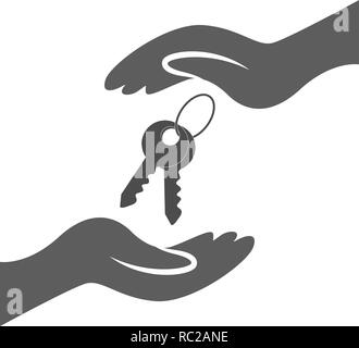 House insurance sign. Hand holds home keys symbol. Insurance of property. Circle and square buttons. Vector Stock Vector