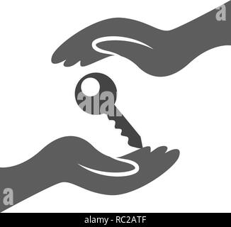 House insurance sign. Hand holds home keys symbol. Insurance of property. Circle and square buttons. Vector Stock Vector