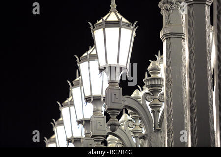 Los Angeles, California, United States - August 9, 2018: details of Urban Light by night, a sculpture by Chris Burden at Los Angeles Contemporary Art Museum LACMA, composed of 202 street lamps. Stock Photo
