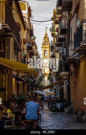 Bell tower of the Church of St. Ignatius at Olivella seen from Piazza Verdi across Via Orologio opposite Massimo theatre, Palermo, Sicily. Stock Photo