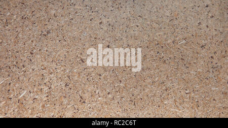 OSB boards are made of brown wood chips sanded into a wooden background. Top view of OSB wood veneer background, tight, seamless surfaces. Stock Photo