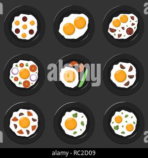 Dishes icon set. Fried eggs with tomatos, cucumbers, onions, and sausages. Top view. Vector illustration Stock Vector