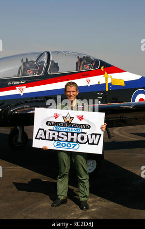 RAF Royal Air Force Short Tucano plane display pilot Flt Lt Bobby Moore at London Southend Airport to promote the 2007 Southend Airshow Stock Photo