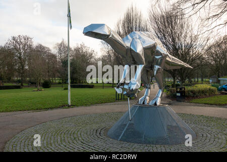 Origami Dinosaur Sculpture in Close Park, Radcliffe. Part of the Irwell Sculpture Trail