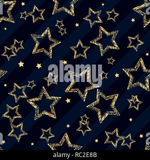 Golden star seamless pattern. Golden star on blue and black diagonal lines background. eps10 Stock Vector