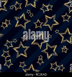 Golden star seamless pattern. Golden star on blue and black diagonal lines background. eps10 Stock Vector