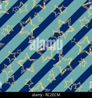 Golden star seamless pattern. Golden star on blue and black diagonal lines background. eps10 Stock Vector