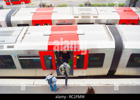 HAMBURG, GERMANY - JUNE 18, 2018: Top view of city public train station, people exiting from wagon Stock Photo