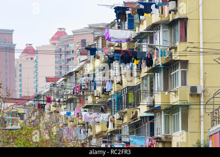 Shanghai living district. Clothes drying in typical Shanghai way. China Stock Photo