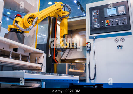 Robotic Arm production lines modern industrial technology. Automated production cell. Stock Photo