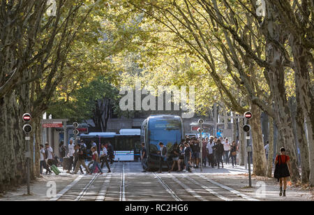 Bordeaux, France - 27th September, 2018: Commuters at Quinconces tram stop during rush hour in the city of Bordeaux, France