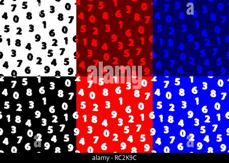 Number  seamless pattern, 0, 1, 2, 3, 4, 5, 6, 7, 8, 9,  (white, black, red, blue) background set, Stock Vector