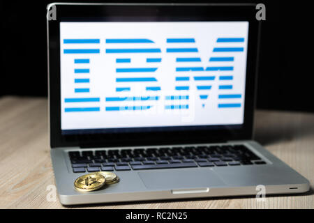 Bitcoin coin with the IBM logo on a laptop screen, Slovenia - December 23th, 2018 Stock Photo