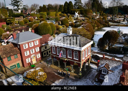 Town Hall at Bekonscot Model Village, Beaconsfield, Buckinghamshire, UK. Snowy day in winter. Stock Photo