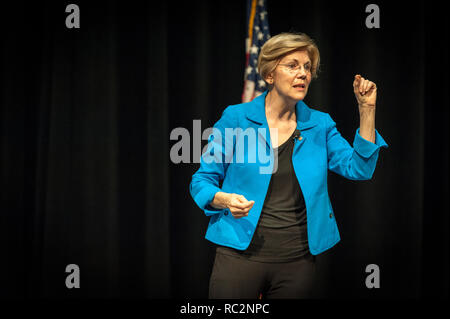 Senator Elizabeth Warren speaking on stage at her Town Hall at Concord-Carlisle Highschool in Massachusetts. Stock Photo