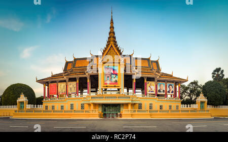 Royal palace complex in Phnom Penh, Cambodia. Tourist attraction and famous landmark. Panorama Stock Photo