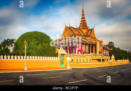 Royal palace complex in Phnom Penh, Cambodia. Tourist attraction and famous landmark. Panorama Stock Photo