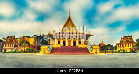 The throne hall inside the Royal Palace complex in Phnom Penh, Cambodia. Famous landmark and tourist attraction. Panorama