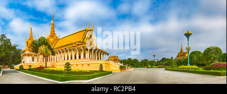 The throne hall inside the Royal Palace complex in Phnom Penh, Cambodia. Famous landmark and tourist attraction. Panorama