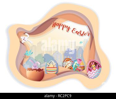 Happy easter with set of easter eggs on step of groud with row of tree and building in background, paper art style, vector illustration. Stock Vector