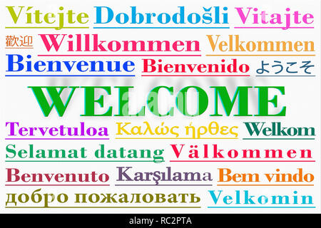 Word cloud with the word Welcome written in multiple languages and colors. Stock Photo