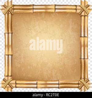Vector illustration of brown dry bamboo stick border isolated on transparent background. Mockup template. Rope, old vintage paper, worn canvas. Abstra Stock Vector