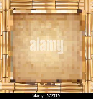 Vector illustration of brown dry bamboo stick border frame. Mockup template. Rope, old vintage paper, worn canvas. Abstract concept tropical signboard Stock Vector