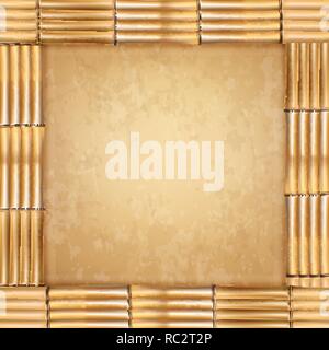 Vector illustration of brown dry bamboo stems border frame. Mockup template. Rope, old vintage paper, worn canvas. Abstract concept tropical signboard Stock Vector