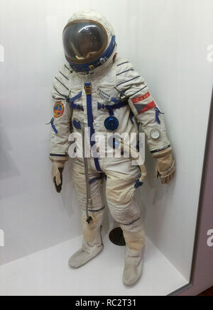 Soviet spacesuit used by Czechoslovak cosmonaut Vladimír Remek on display at the exhibition 'Touches of Statehood' in Prague, Czech Republic. The spacesuit was used during the Soyuz 28 manned mission to the Salyut 6 orbiting space station from 2 to 10 March 1978. Vladimír Remek was the first Czechoslovak in space and the only Czechoslovak cosmonaut. The exhibition devoted to the centenary of Czechoslovakia runs till 31 October 2018. Stock Photo