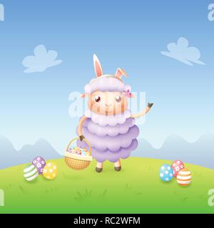 Sheep with bunny ears and basket with decorated eggs celebrate Easter - spring landscape background Stock Vector