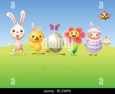 Happy cute characters celebrate spring and Easter Stock Vector