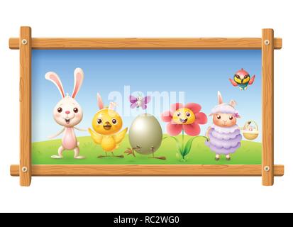 Easter portrait photo frame - bunny, chicken, flower, sheep bee-eater bird and butterfly celebrate Easter around egg - spring landscape background Stock Vector