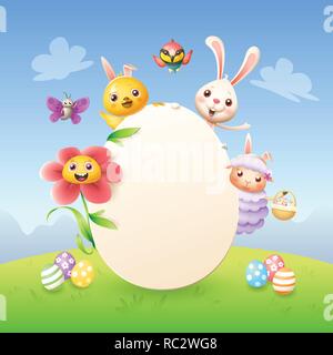 Easter greeting card template - Easter bunny, chicken, flower, sheep bee-eater bird and butterfly celebrate Easter around egg - spring landscape backg Stock Vector
