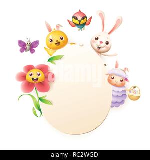 Easter greeting card template - Easter bunny, chicken, flower, sheep bee-eater bird and butterfly celebrate Easter around egg - isolated on white - em Stock Vector