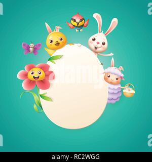 Easter card template - Easter bunny, chicken, flower, sheep bee-eater bird and butterfly celebrate Easter around egg - turqouise background Stock Vector