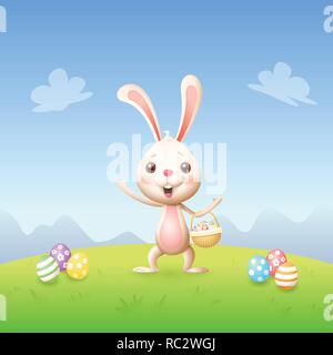 Easter bunny with basket and decorated eggs celebrate Easter - spring landscape background Stock Vector