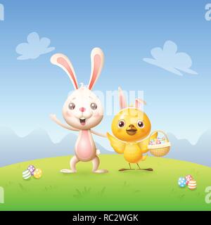 Easter bunny and chicken with basket and decorated eggs celebrate Easter - spring landscape background Stock Vector