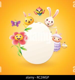 Easter card template - Easter bunny, chicken, flower, sheep bee-eater bird and butterfly celebrate Easter around egg - isolated on orange-yellow backg Stock Vector