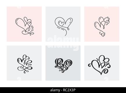 Set of six vintage Vector Valentines Day Hand Drawn Calligraphic Hearts ...