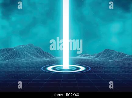 Futuristic blue neon light portal, crown shape laser cylinder light with glowing sparkles on transparent background. Magical glittering stardust illum Stock Vector