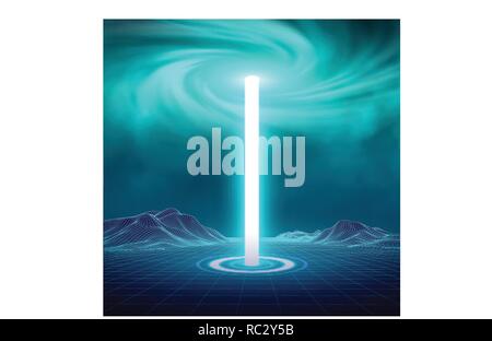 Futuristic blue neon light portal, crown shape laser cylinder light with glowing sparkles on transparent background. Magical glittering stardust illum Stock Vector