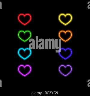 Colored neon hearts on a black background. Vector illustration . Stock Vector