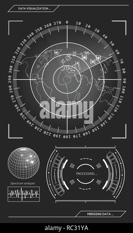 Military blue radar. Screen with target. Futuristic HUD interface. Stock vector illustration. Stock Vector