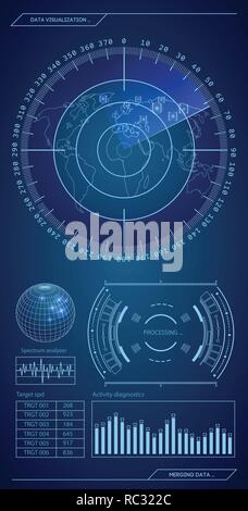 Military blue radar. Screen with target. Futuristic HUD interface. Stock vector illustration. Stock Vector