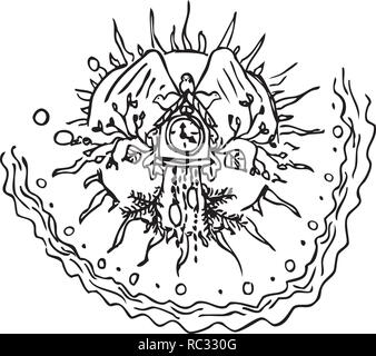 Sketch of a cuckoo clock with ornaments around it. Stock Vector