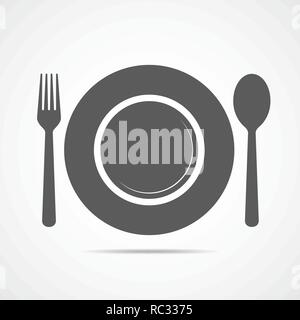 Plate, fork and spoon icon in flat design. Vector illustration. Gray restaurant symbol. Stock Vector